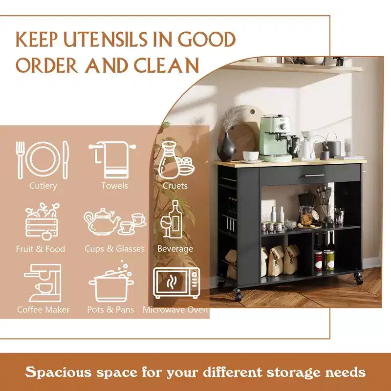 Îlot de cuisine roulant avec armoire de rangement. Inclut un porte-épices à 3 niveaux, des roulettes verrouillables et une poignée porte-serviettes, 2 étagères ouvertes à niveaux pour la cuisine