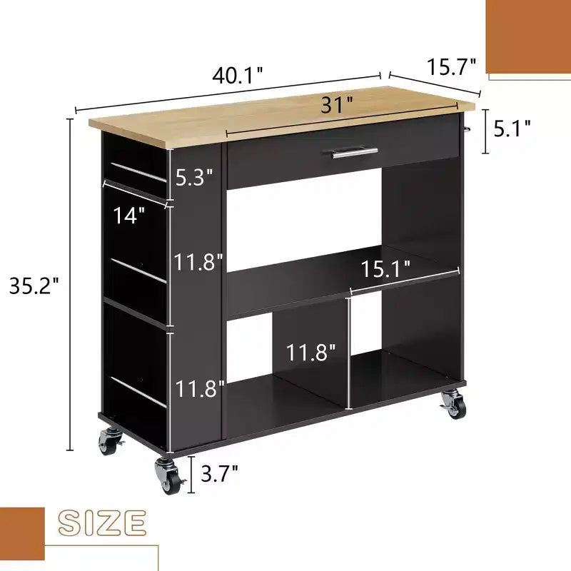Îlot de cuisine roulant avec armoire de rangement. Inclut un porte-épices à 3 niveaux, des roulettes verrouillables et une poignée porte-serviettes, 2 étagères ouvertes à niveaux pour la cuisine