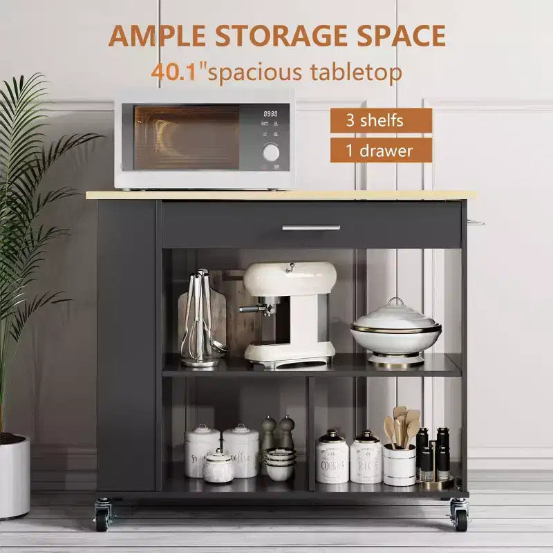 Îlot de cuisine roulant avec armoire de rangement. Inclut un porte-épices à 3 niveaux, des roulettes verrouillables et une poignée porte-serviettes, 2 étagères ouvertes à niveaux pour la cuisine