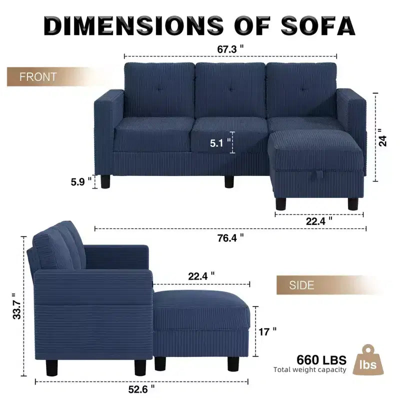 Petit canapé sectionnel, canapé d'angle en L 3 places avec tissu en polyester et pouf mobile pour appartements, bureaux