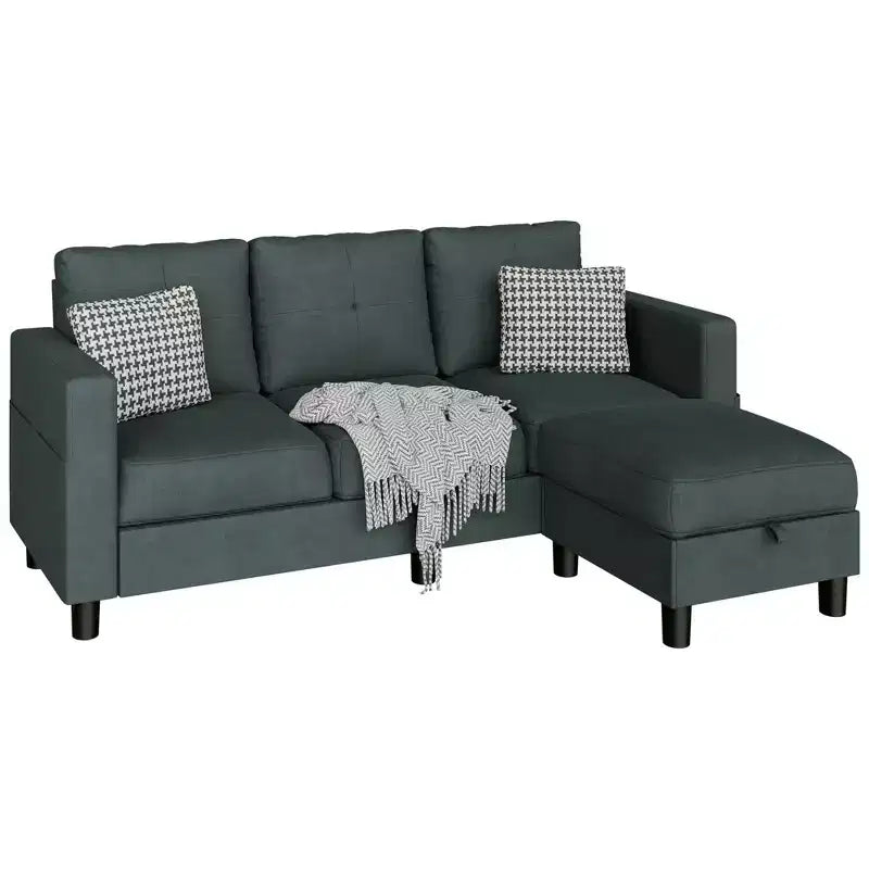 Petit canapé sectionnel, canapé d'angle en L 3 places avec tissu en polyester et pouf mobile pour appartements, bureaux