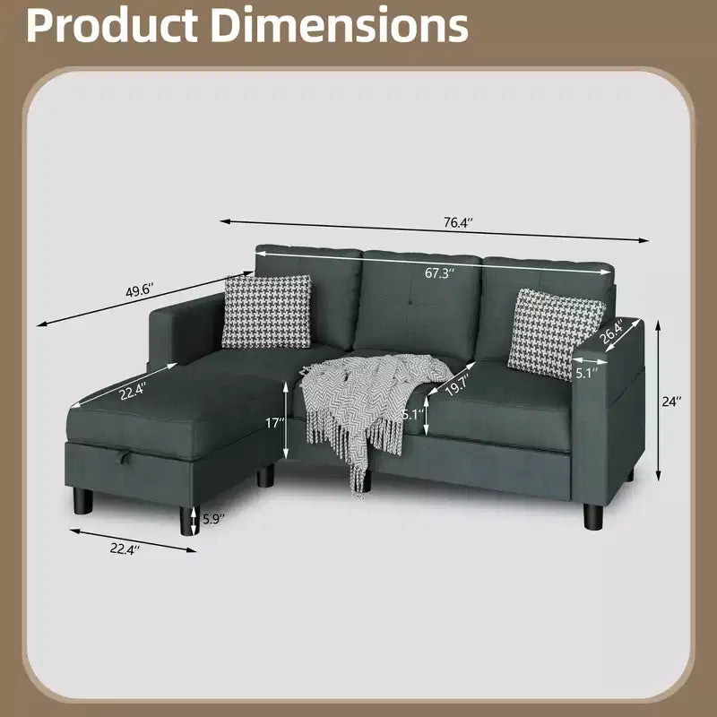 Petit canapé sectionnel, canapé d'angle en L 3 places avec tissu en polyester et pouf mobile pour appartements, bureaux