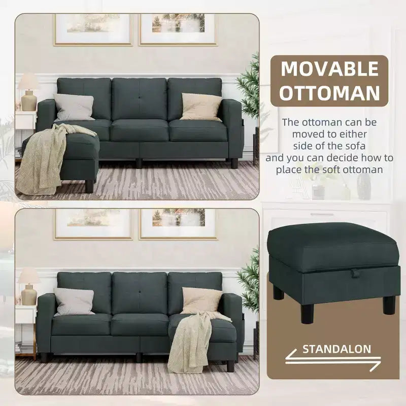 Petit canapé sectionnel, canapé d'angle en L 3 places avec tissu en polyester et pouf mobile pour appartements, bureaux