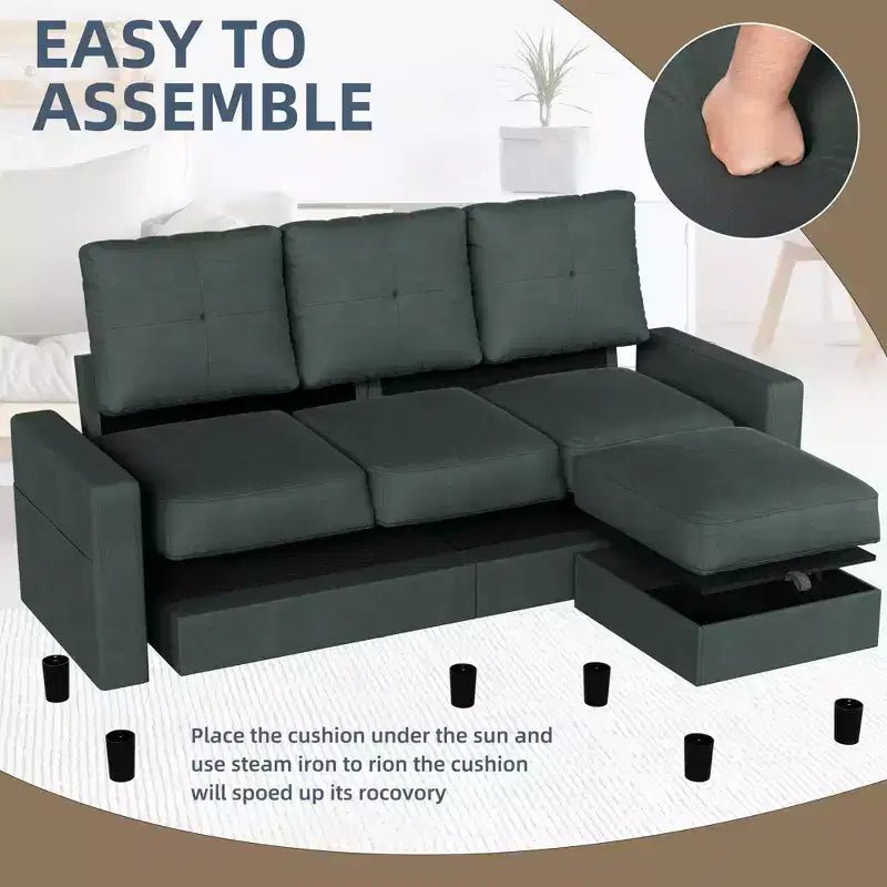 Petit canapé sectionnel, canapé d'angle en L 3 places avec tissu en polyester et pouf mobile pour appartements, bureaux
