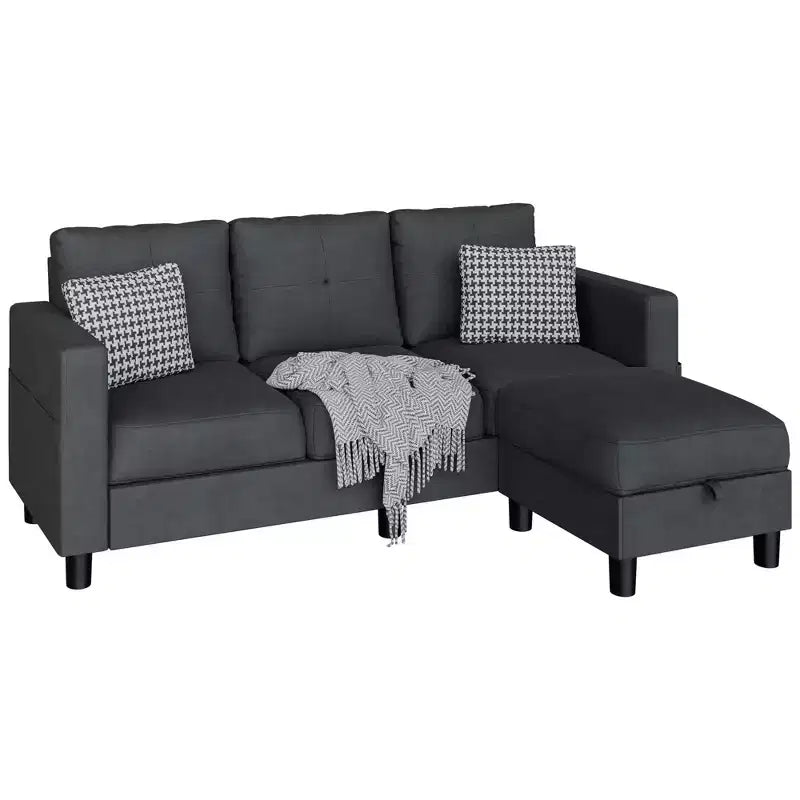 Petit canapé sectionnel, canapé d'angle en L 3 places avec tissu en polyester et pouf mobile pour appartements, bureaux