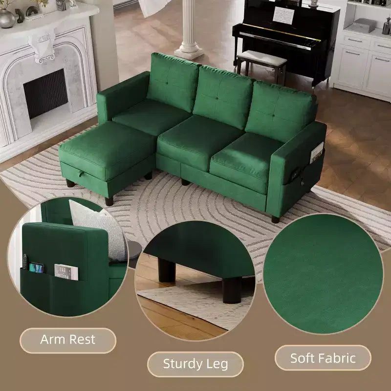 Petit canapé sectionnel, canapé d'angle en L 3 places avec tissu en polyester et pouf mobile pour appartements, bureaux