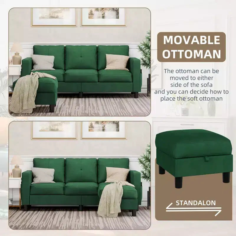 Petit canapé sectionnel, canapé d'angle en L 3 places avec tissu en polyester et pouf mobile pour appartements, bureaux