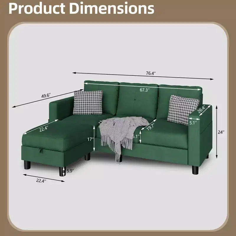 Petit canapé sectionnel, canapé d'angle en L 3 places avec tissu en polyester et pouf mobile pour appartements, bureaux