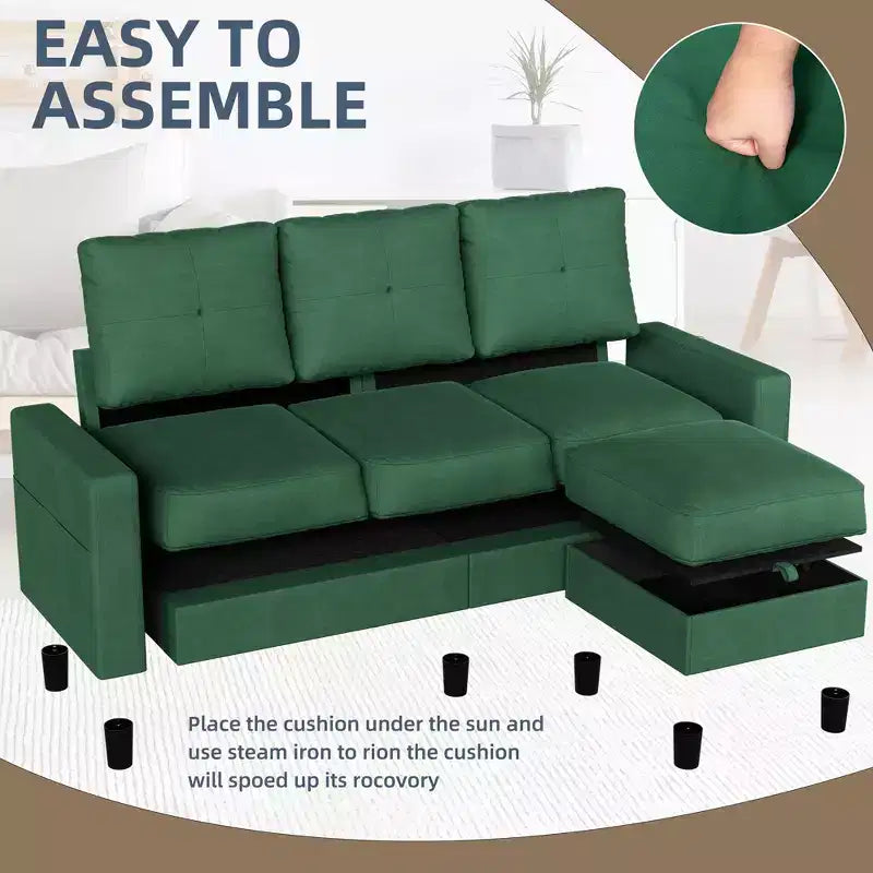 Petit canapé sectionnel, canapé d'angle en L 3 places avec tissu en polyester et pouf mobile pour appartements, bureaux