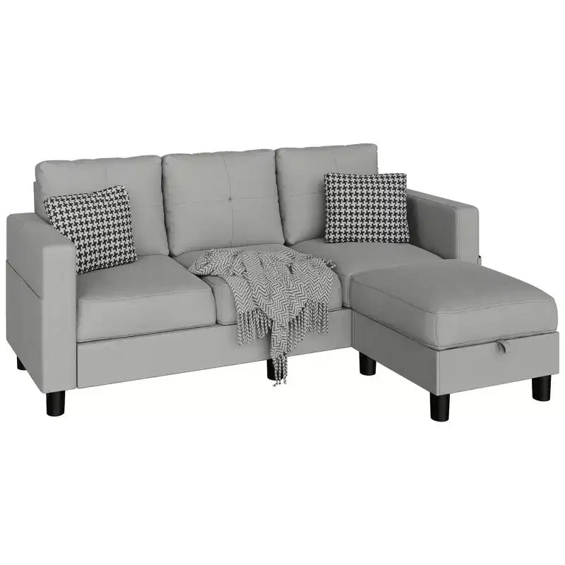 Petit canapé sectionnel, canapé d'angle en L 3 places avec tissu en polyester et pouf mobile pour appartements, bureaux