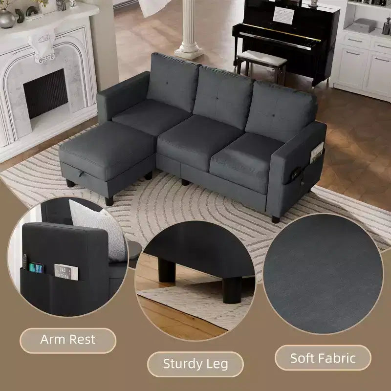 Petit canapé sectionnel, canapé d'angle en L 3 places avec tissu en polyester et pouf mobile pour appartements, bureaux