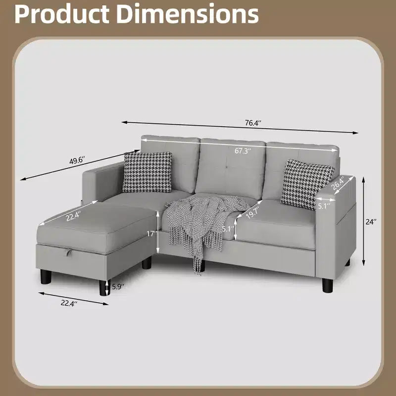 Petit canapé sectionnel, canapé d'angle en L 3 places avec tissu en polyester et pouf mobile pour appartements, bureaux