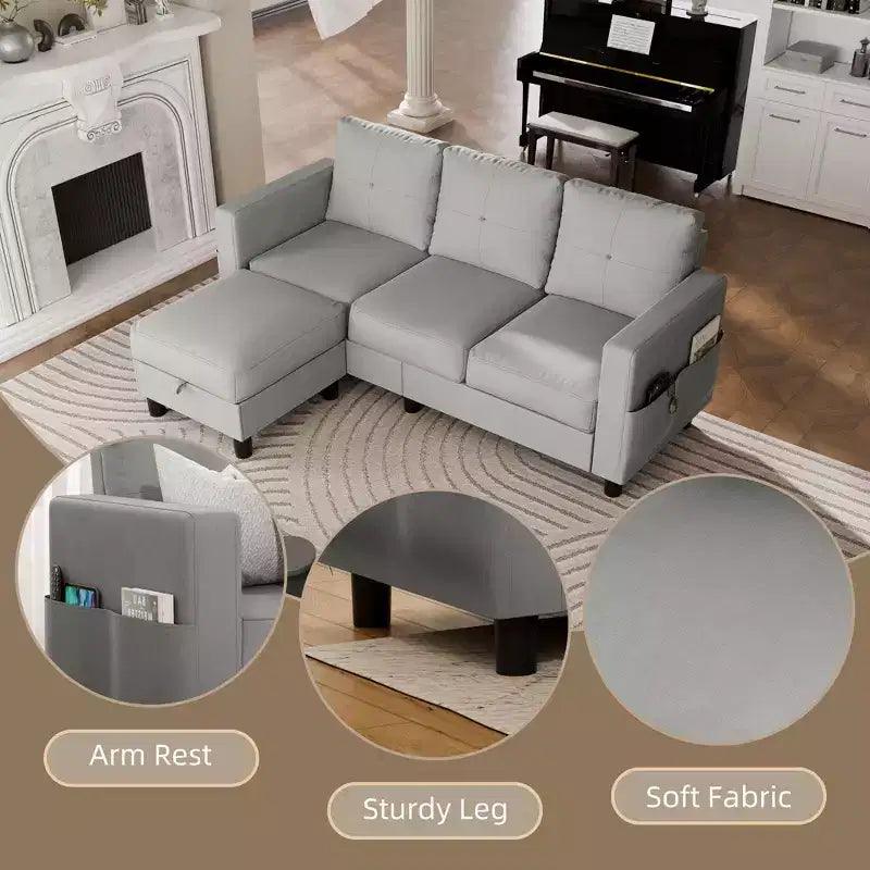 Petit canapé sectionnel, canapé d'angle en L 3 places avec tissu en polyester et pouf mobile pour appartements, bureaux