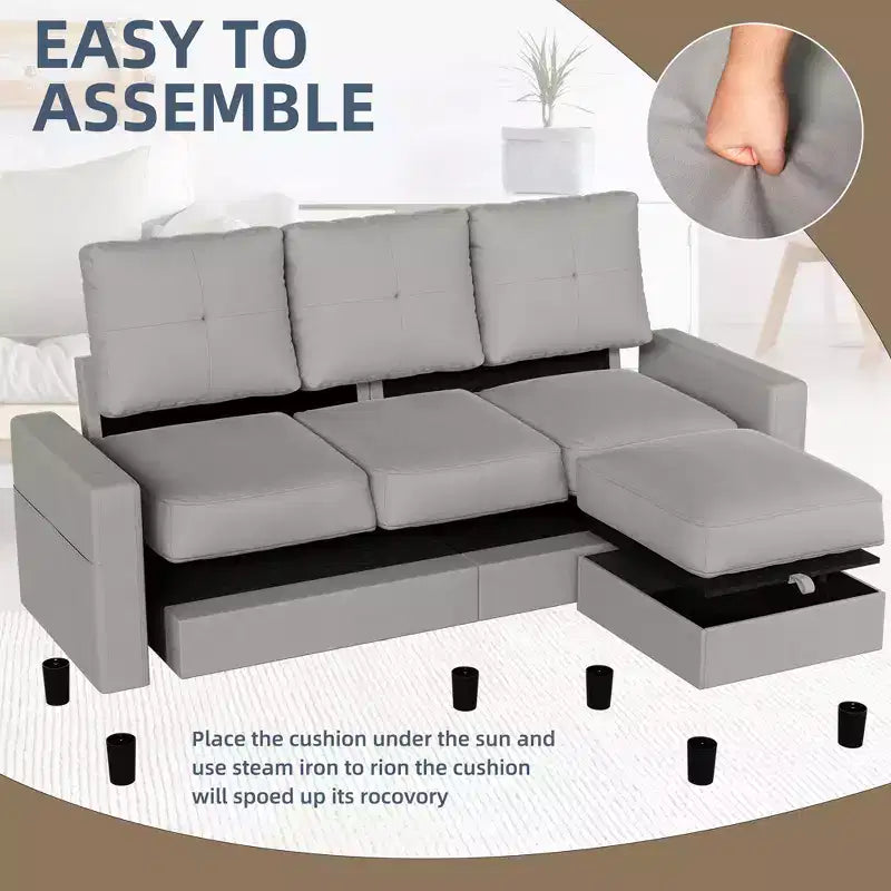 Petit canapé sectionnel, canapé d'angle en L 3 places avec tissu en polyester et pouf mobile pour appartements, bureaux