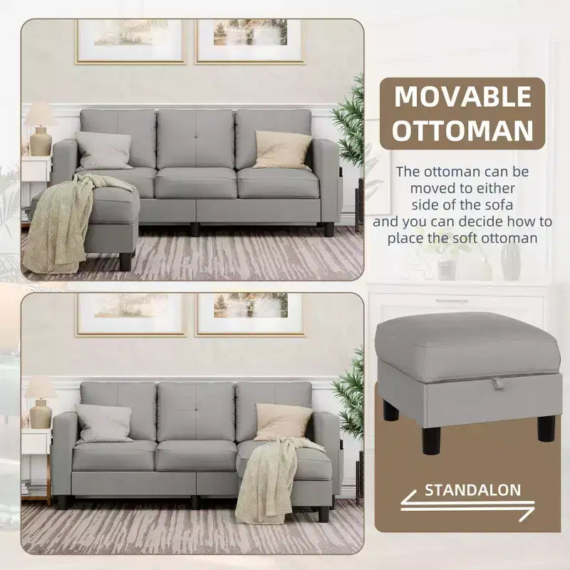 Petit canapé sectionnel, canapé d'angle en L 3 places avec tissu en polyester et pouf mobile pour appartements, bureaux