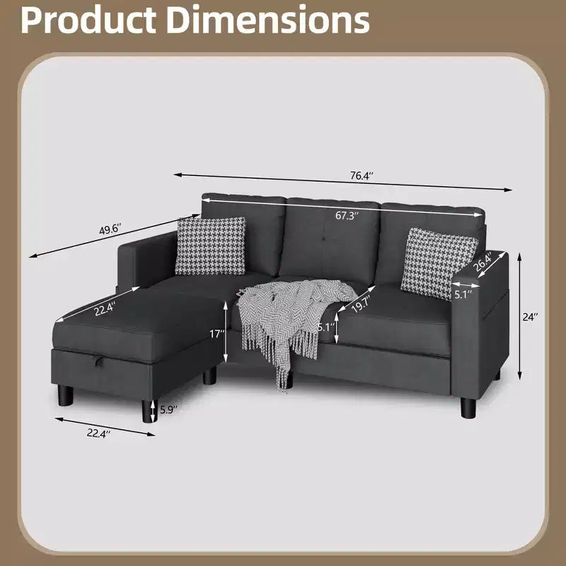 Petit canapé sectionnel, canapé d'angle en L 3 places avec tissu en polyester et pouf mobile pour appartements, bureaux