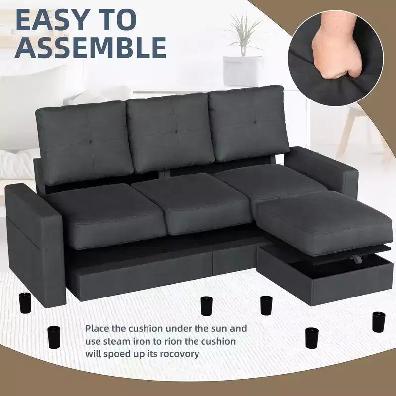 Petit canapé sectionnel, canapé d'angle en L 3 places avec tissu en polyester et pouf mobile pour appartements, bureaux