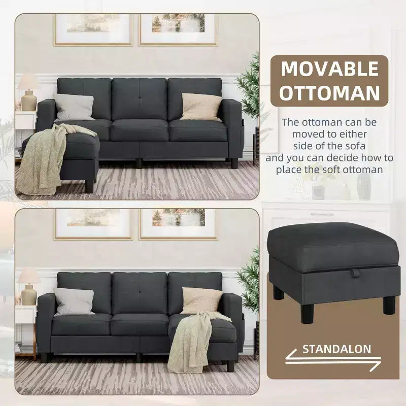 Petit canapé sectionnel, canapé d'angle en L 3 places avec tissu en polyester et pouf mobile pour appartements, bureaux