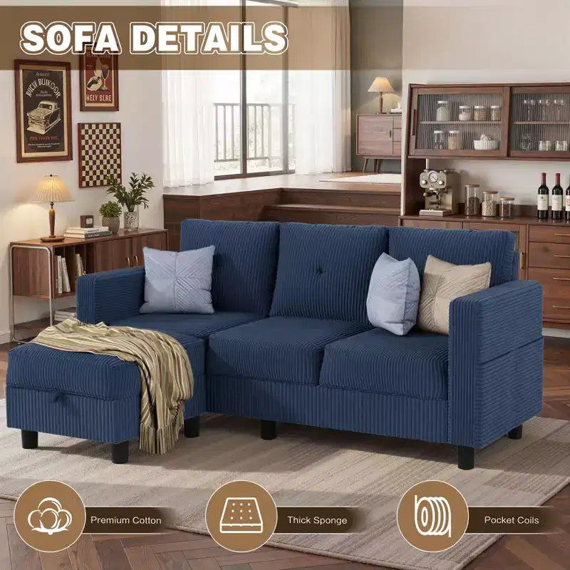 Petit canapé sectionnel, canapé d'angle en L 3 places avec tissu en polyester et pouf mobile pour appartements, bureaux