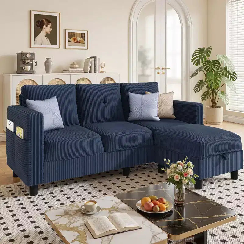 Petit canapé sectionnel, canapé d'angle en L 3 places avec tissu en polyester et pouf mobile pour appartements, bureaux