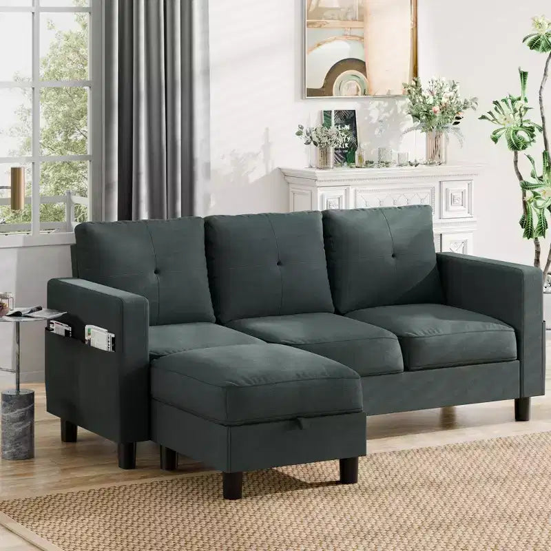 Petit canapé sectionnel, canapé d'angle en L 3 places avec tissu en polyester et pouf mobile pour appartements, bureaux