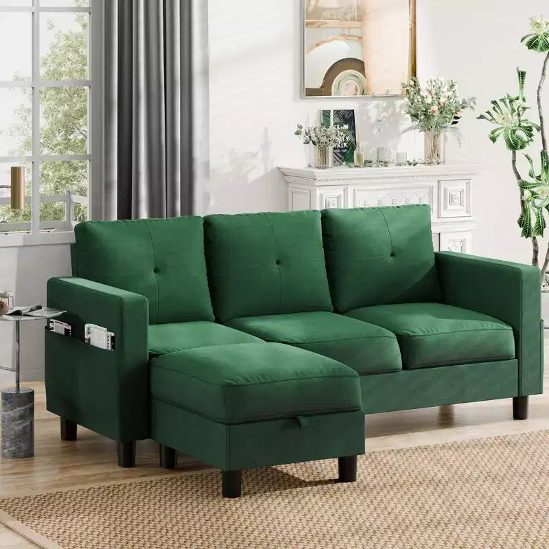 Petit canapé sectionnel, canapé d'angle en L 3 places avec tissu en polyester et pouf mobile pour appartements, bureaux