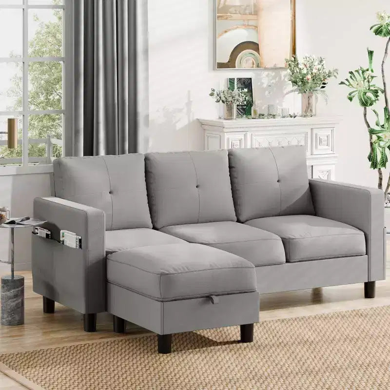 Petit canapé sectionnel, canapé d'angle en L 3 places avec tissu en polyester et pouf mobile pour appartements, bureaux