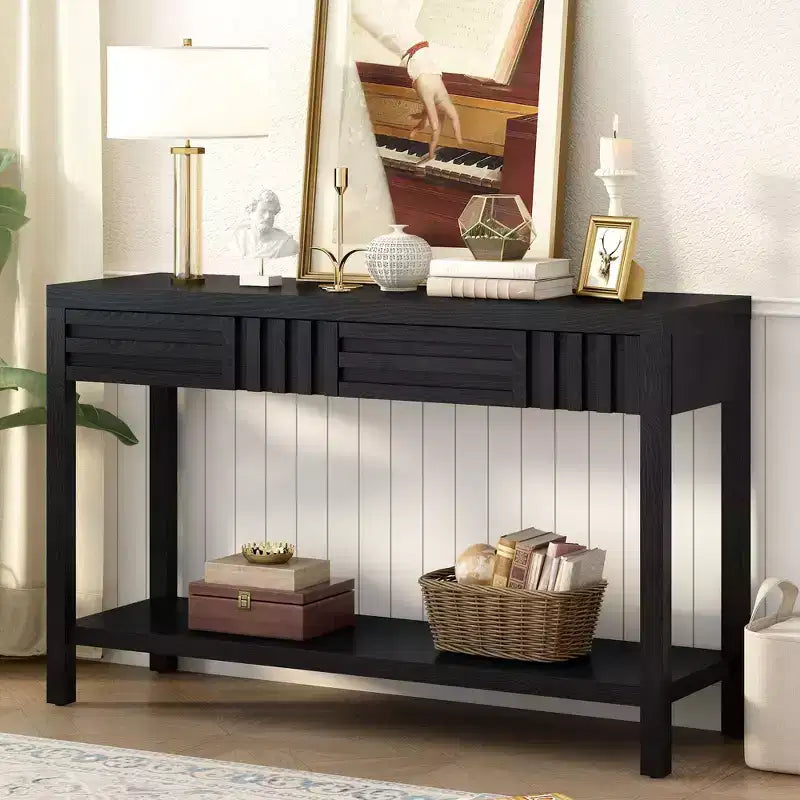 Console moderne de 130 cm avec placage en frêne et motif à rayures, Table d'entrée avec 2 tiroirs, Table de couloir pour Salon, Foyer, Noir