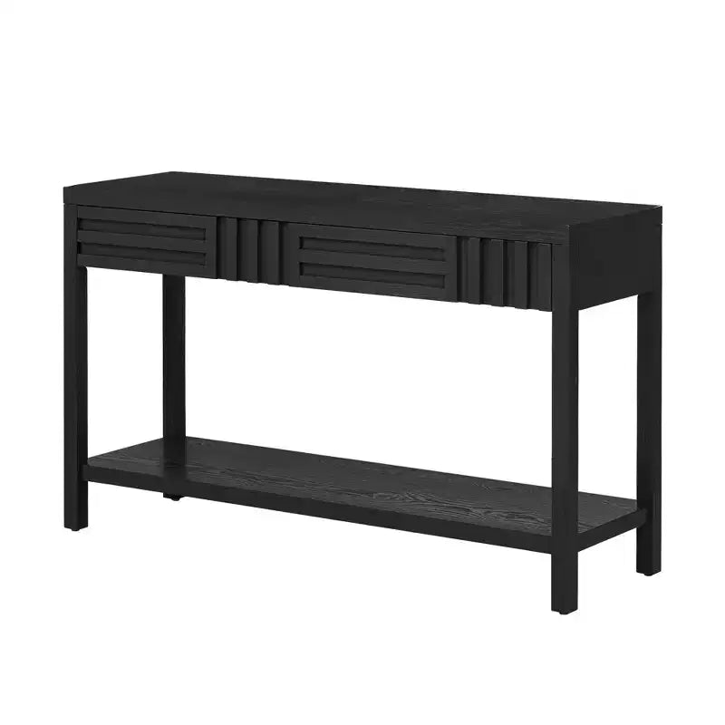 Console moderne de 130 cm avec placage en frêne et motif à rayures, Table d'entrée avec 2 tiroirs, Table de couloir pour Salon, Foyer, Noir