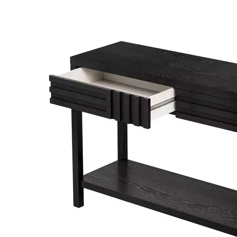 Console moderne de 130 cm avec placage en frêne et motif à rayures, Table d'entrée avec 2 tiroirs, Table de couloir pour Salon, Foyer, Noir