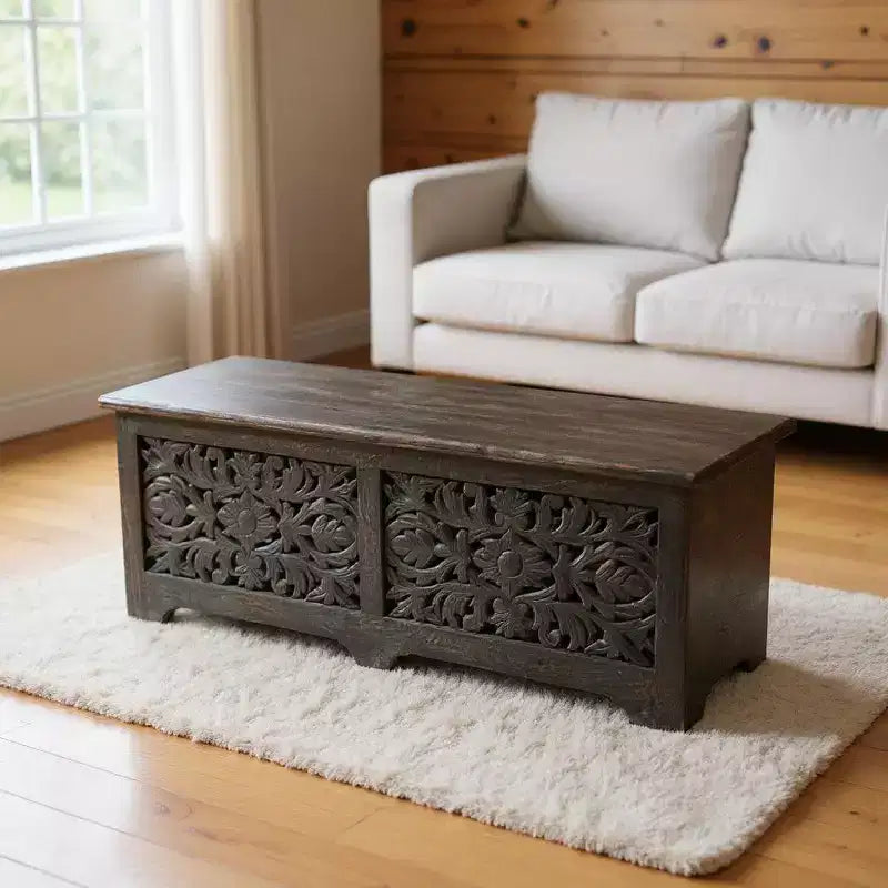 52 Pouf de rangement floral sculpté en bois massif noir vieilli