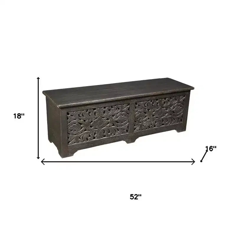 52 Pouf de rangement floral sculpté en bois massif noir vieilli