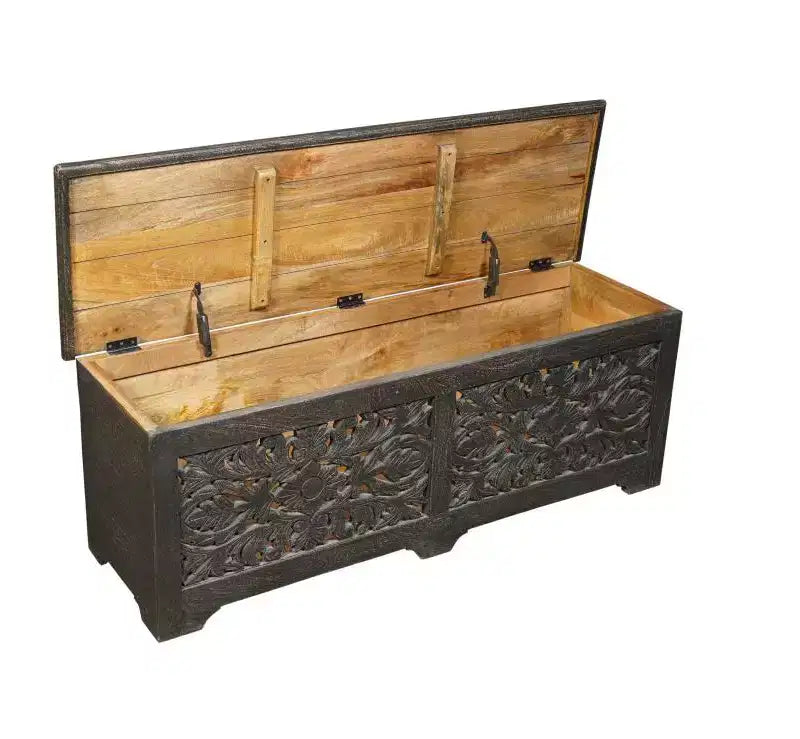 52 Pouf de rangement floral sculpté en bois massif noir vieilli