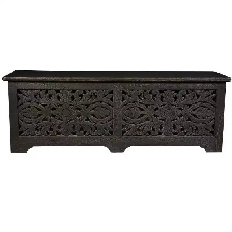 52 Pouf de rangement floral sculpté en bois massif noir vieilli